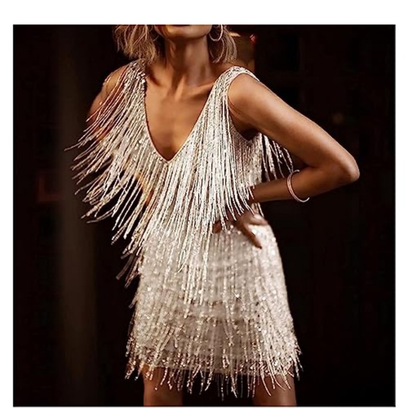 Spirit Silver Fringe V-Neck Mini Dress - Picture 2 of 10